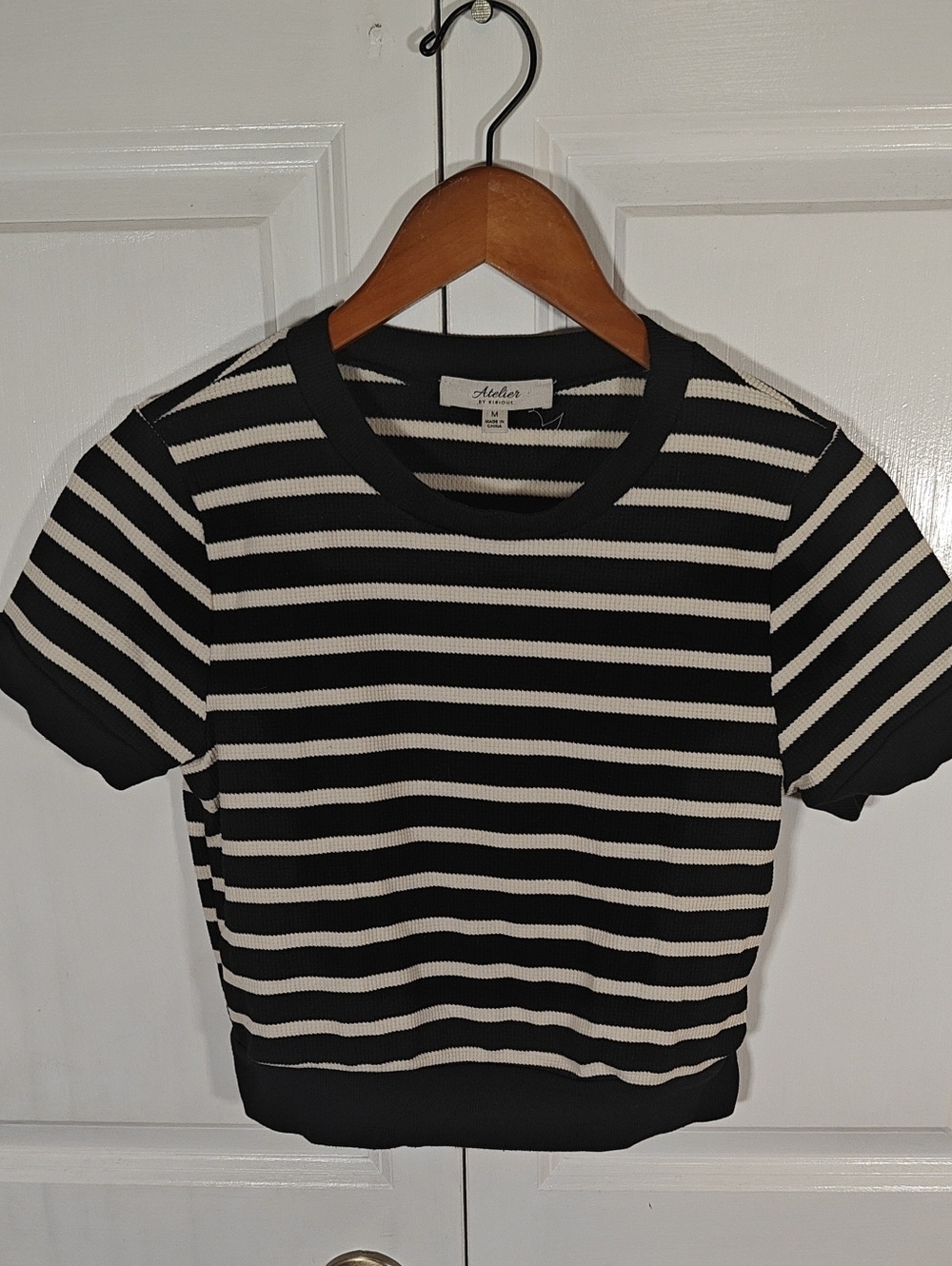 Atelier by Kirious Womens Black White Striped Short Sleeve Knit Tee Medium